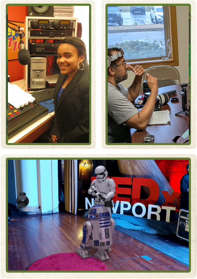 Radio broadcasting, technical work, and robotics event collage