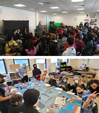 Students attending a workshop and creating art together